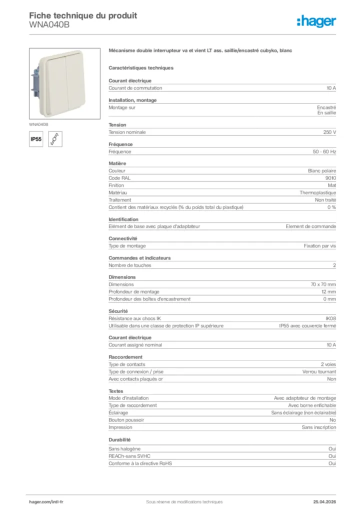 Image Hager Fiche technique du produit WNA040B | Hager Afrique