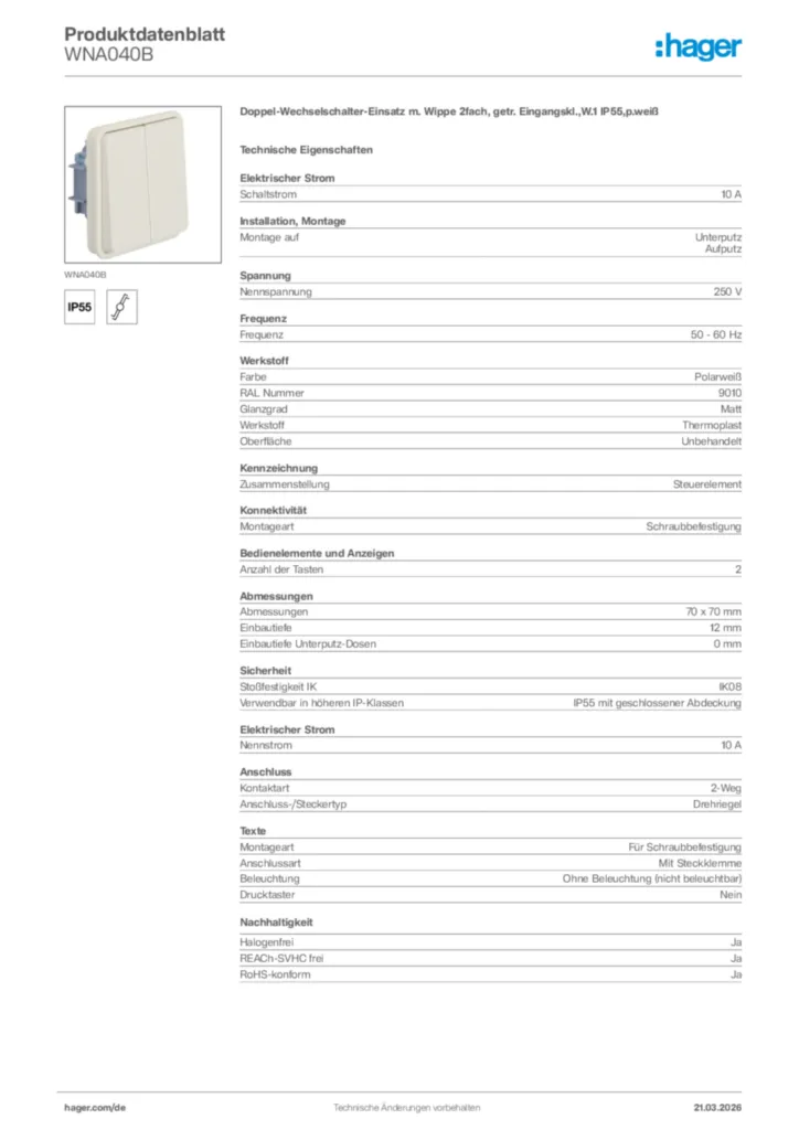 Bild Hager Produktdatenblatt WNA040B | Hager Deutschland