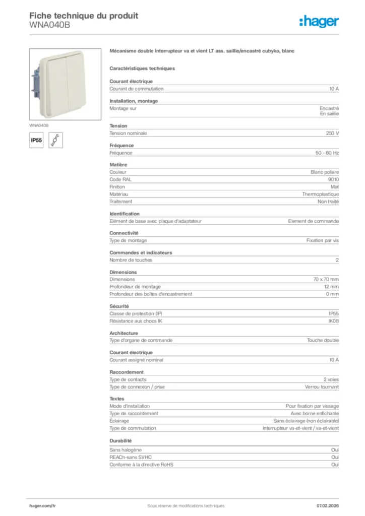 Image Hager Fiche technique du produit WNA040B | Hager France