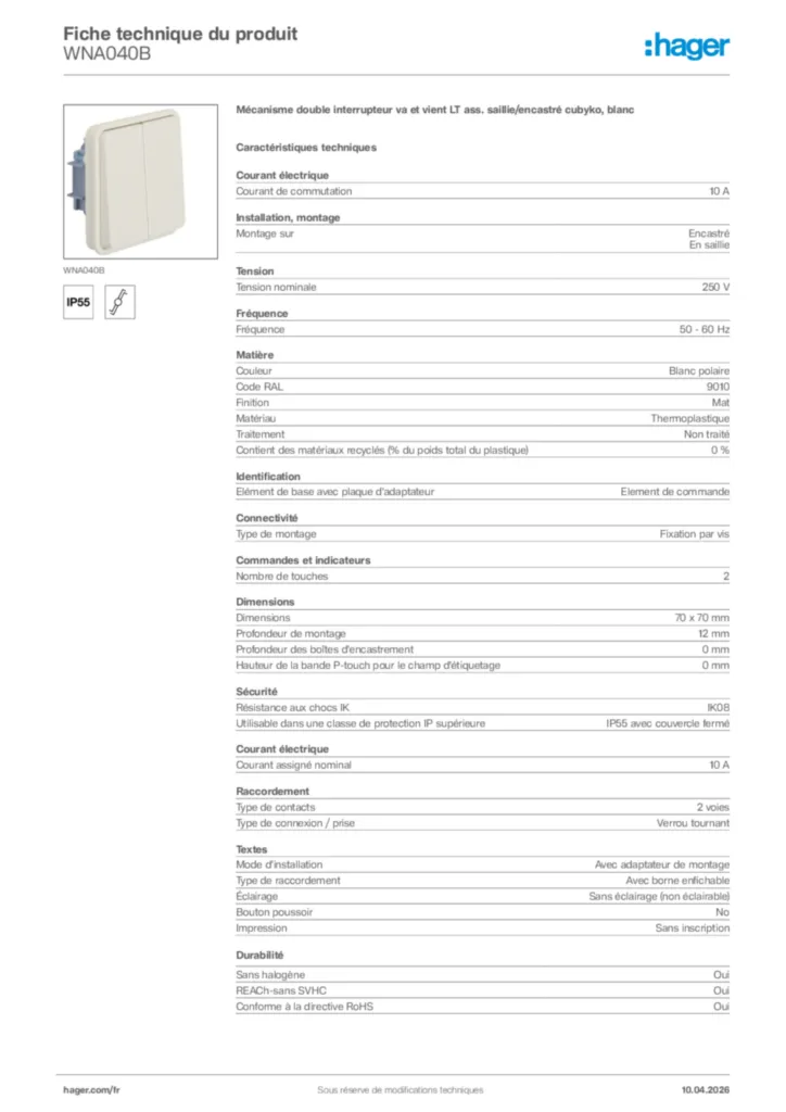 Image Hager Fiche technique du produit WNA040B | Hager France