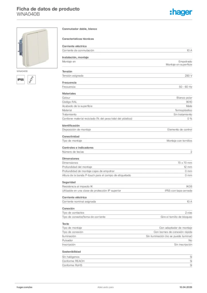 Imagen Hager Ficha de datos de producto WNA040B | Hager España