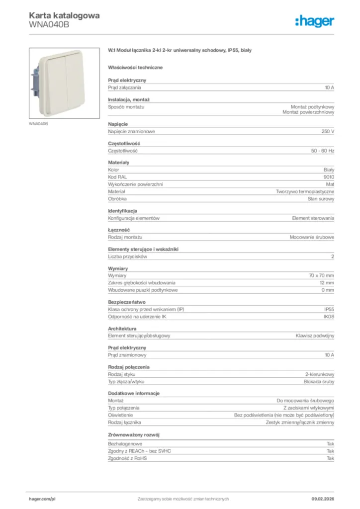 Zdjęcie Hager Karta katalogowa WNA040B | Hager Polska