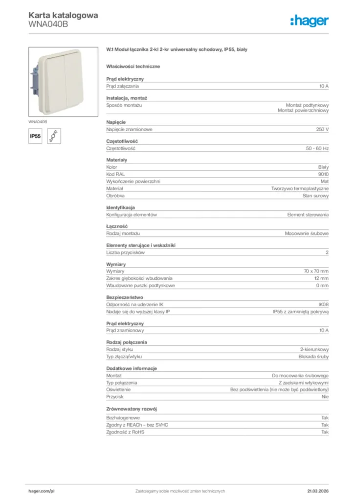 Zdjęcie Hager Karta katalogowa WNA040B | Hager Polska