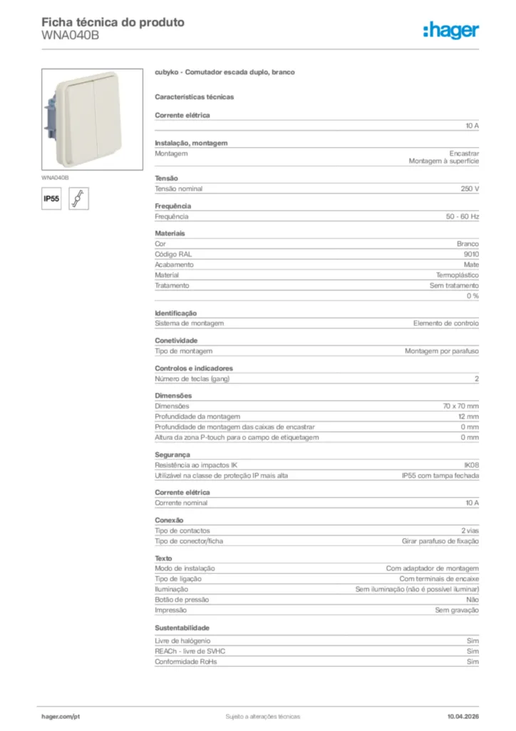 Imagem Hager Ficha técnica do produto WNA040B | Hager Portugal