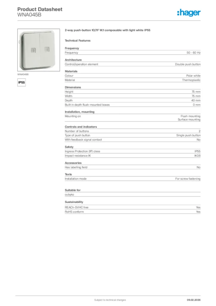 Image Hager Product data sheet WNA045B  | Hager Africa