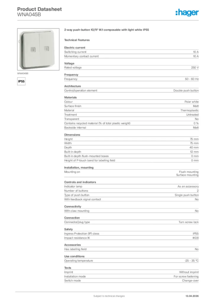 Image Hager Product data sheet WNA045B  | Hager Africa