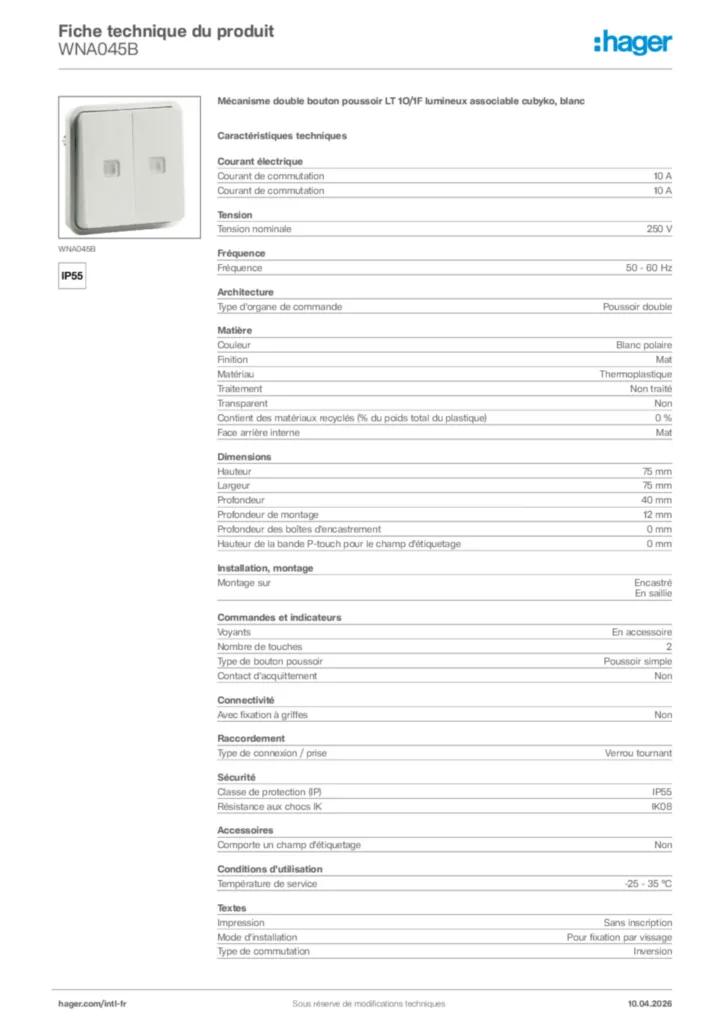 Image Hager Fiche technique du produit WNA045B | Hager Afrique