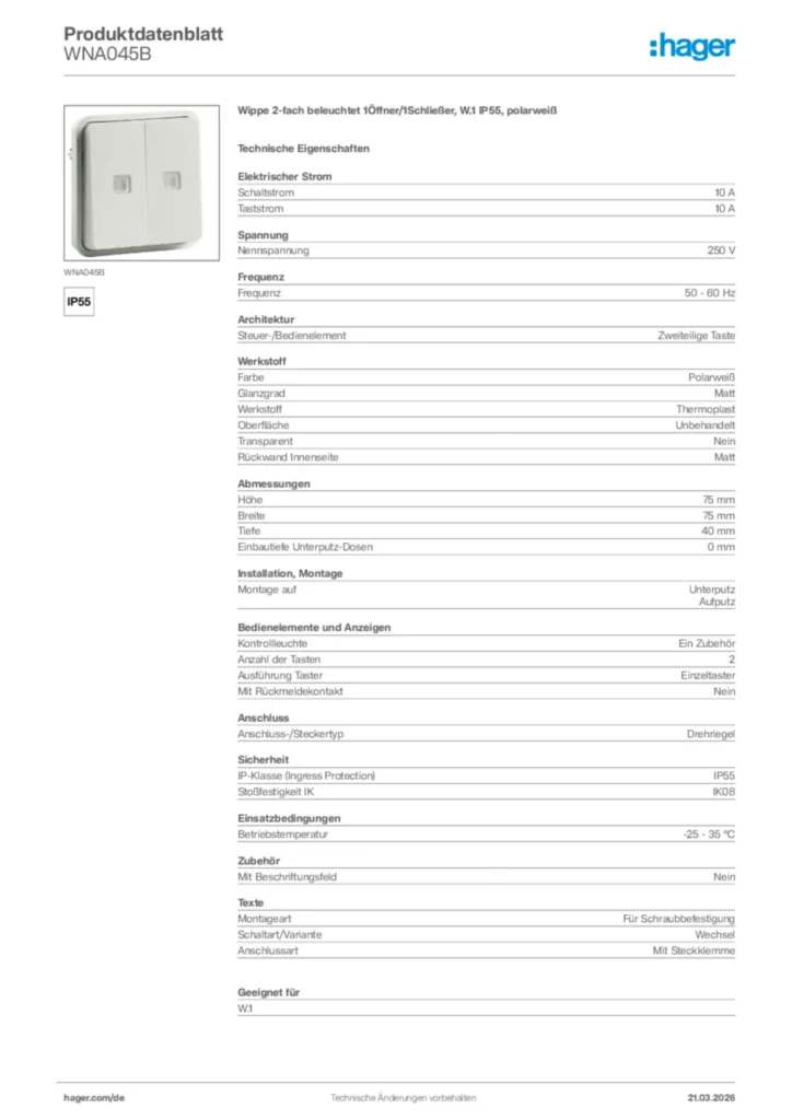 Bild Hager Produktdatenblatt WNA045B | Hager Deutschland