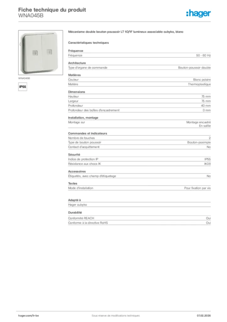 Image Hager Fiche technique du produit WNA045B | Hager Belgique