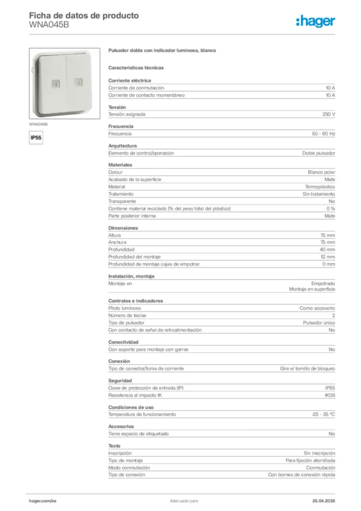Imagen Hager Ficha de datos de producto WNA045B | Hager España