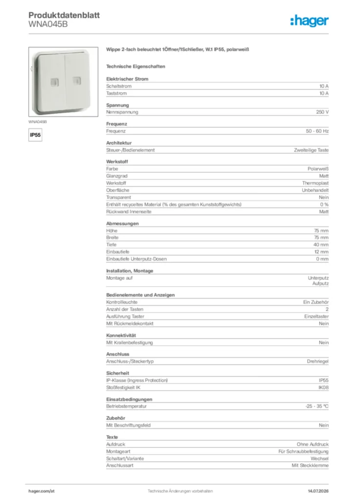Bild Hager Produktdatenblatt WNA045B | Hager Deutschland