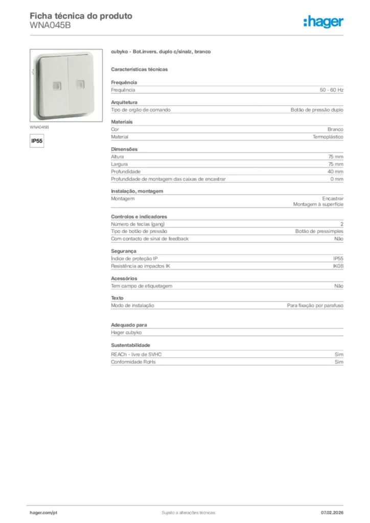 Imagem Hager Ficha técnica do produto WNA045B | Hager Portugal