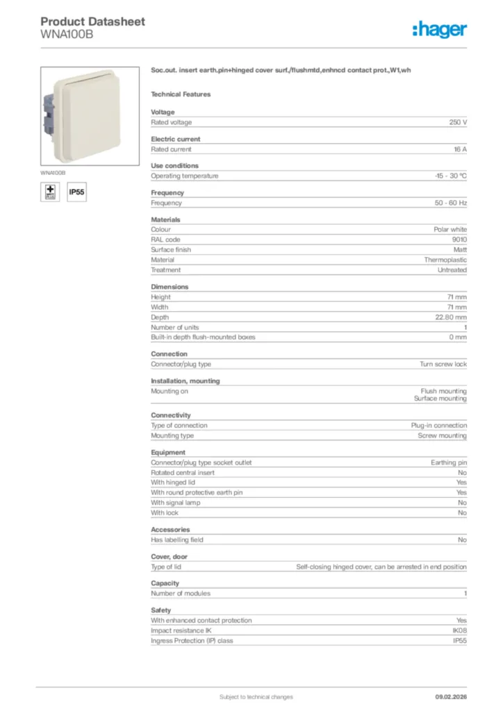 Image Hager Product data sheet WNA100B  | Hager Africa