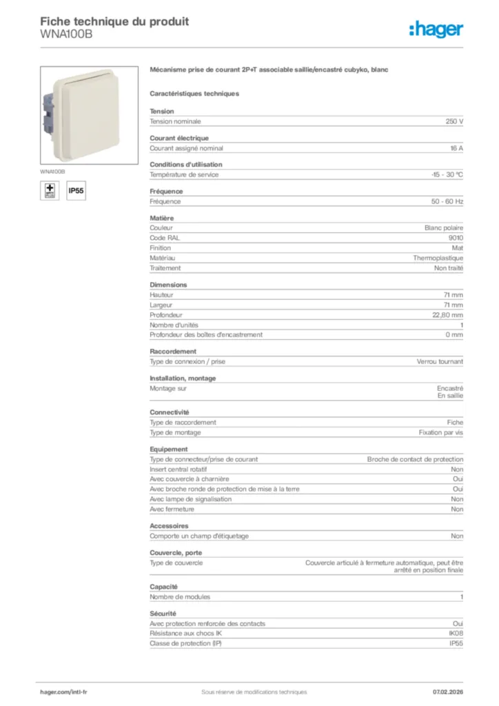 Image Hager Fiche technique du produit WNA100B | Hager Afrique