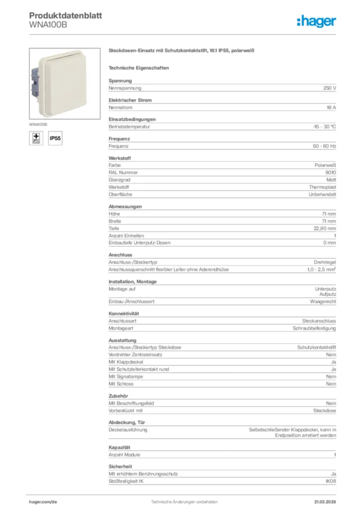 Bild Hager Produktdatenblatt WNA100B | Hager Deutschland