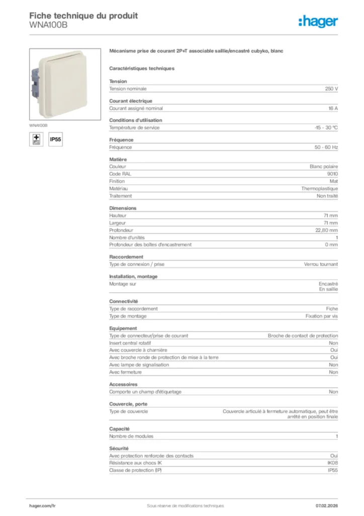 Image Hager Fiche technique du produit WNA100B | Hager France