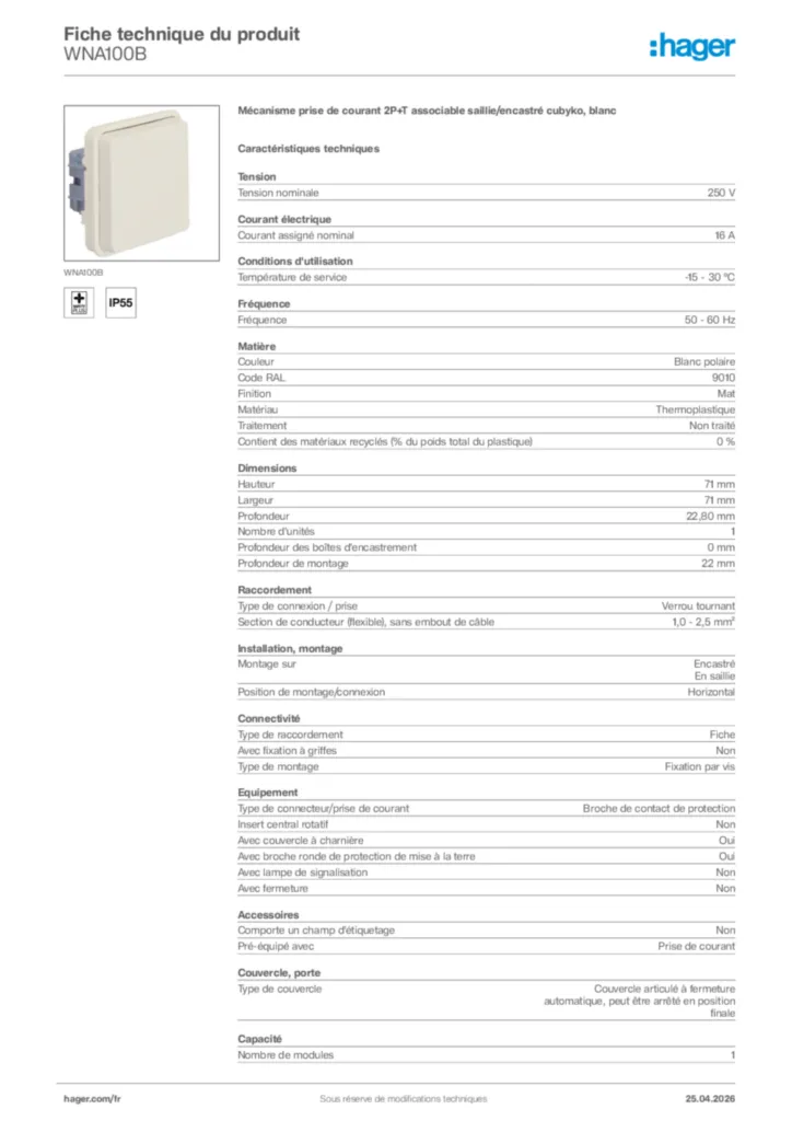 Image Hager Fiche technique du produit WNA100B | Hager France