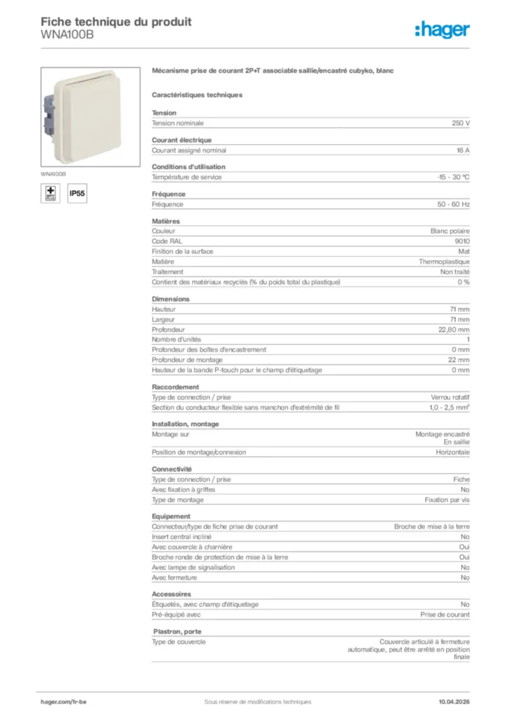 Image Hager Fiche technique du produit WNA100B | Hager Belgique