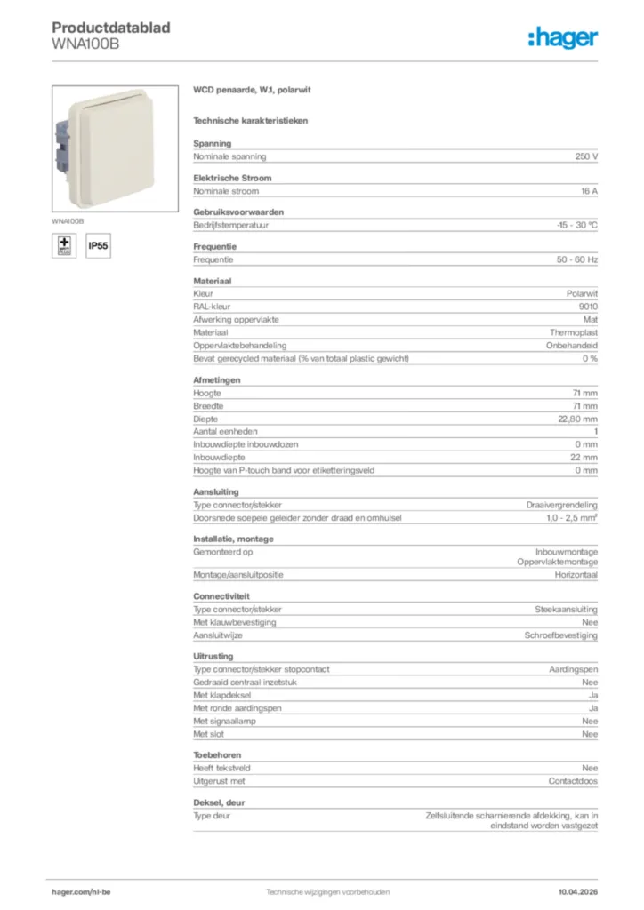 Afbeelding Hager Productdatablad WNA100B | Hager Belgium