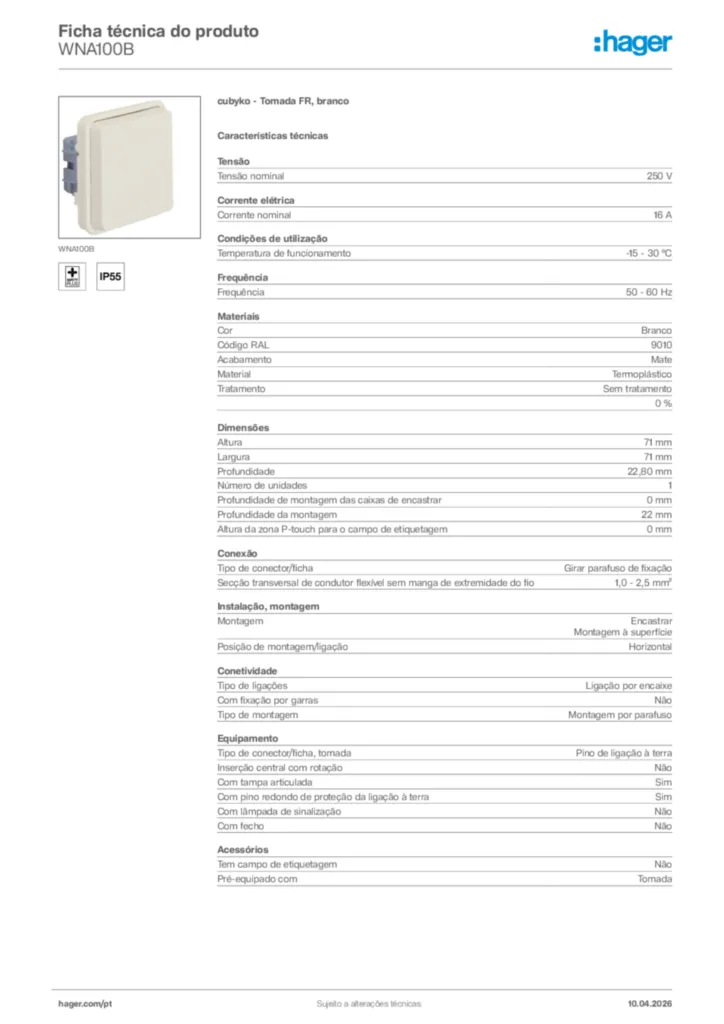 Imagem Hager Ficha técnica do produto WNA100B | Hager Portugal