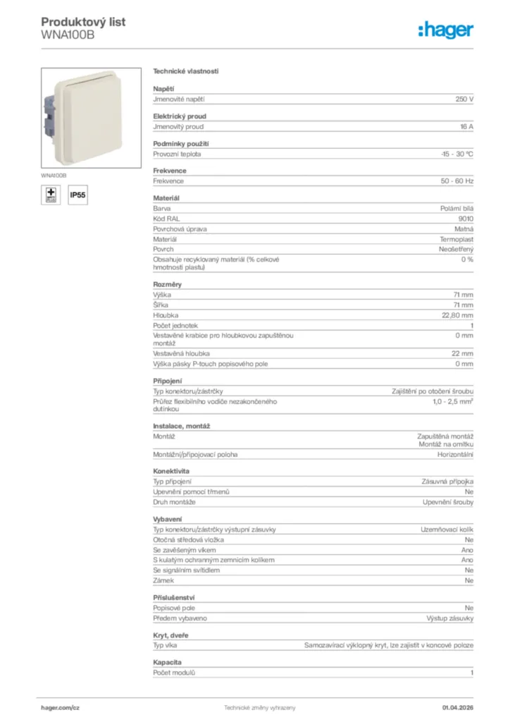 Obrázek Hager Product data sheet WNA100B | Hager
