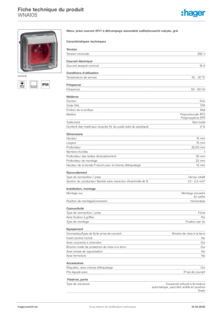 Image Hager Fiche technique du produit WNA105 | Hager Belgique