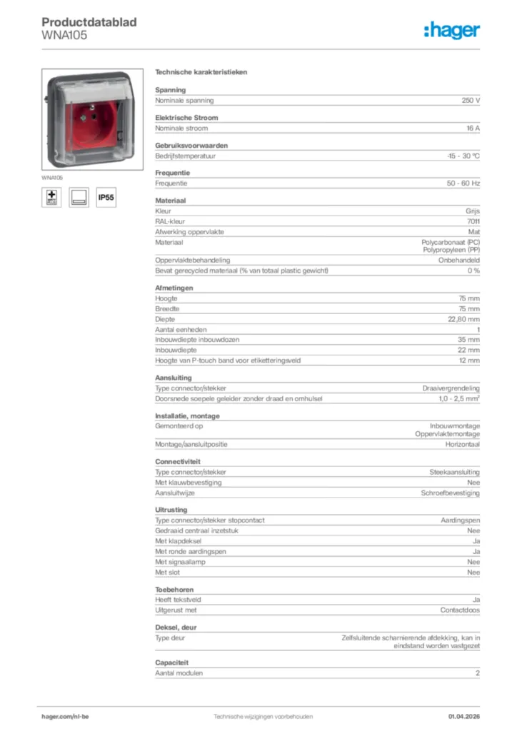 Afbeelding Hager Productdatablad WNA105 | Hager Belgium