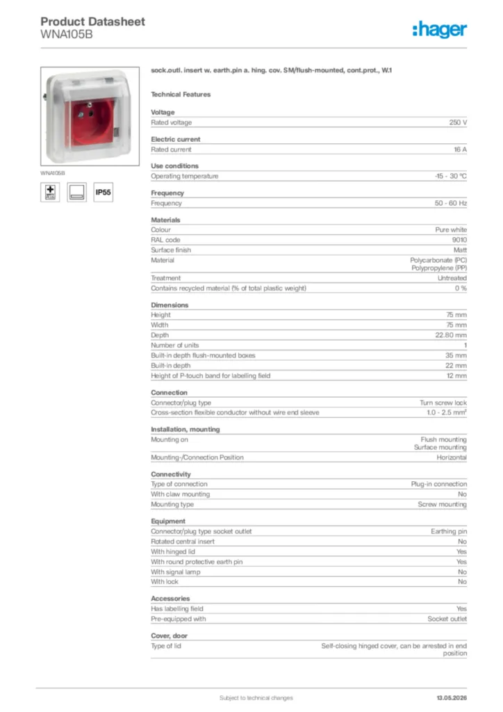 Image Hager Product data sheet WNA105B  | Hager Africa