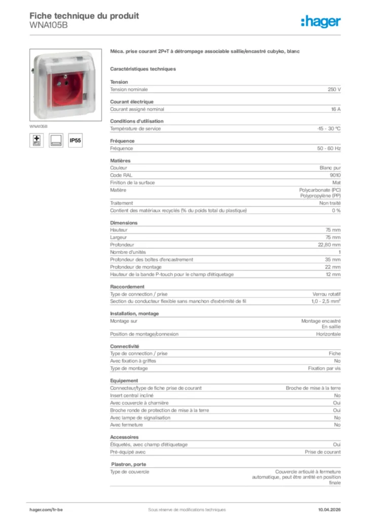 Image Hager Fiche technique du produit WNA105B | Hager Belgique