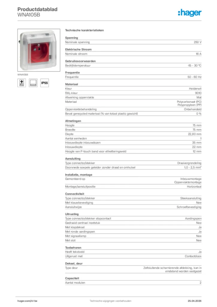 Afbeelding Hager Productdatablad WNA105B | Hager Belgium