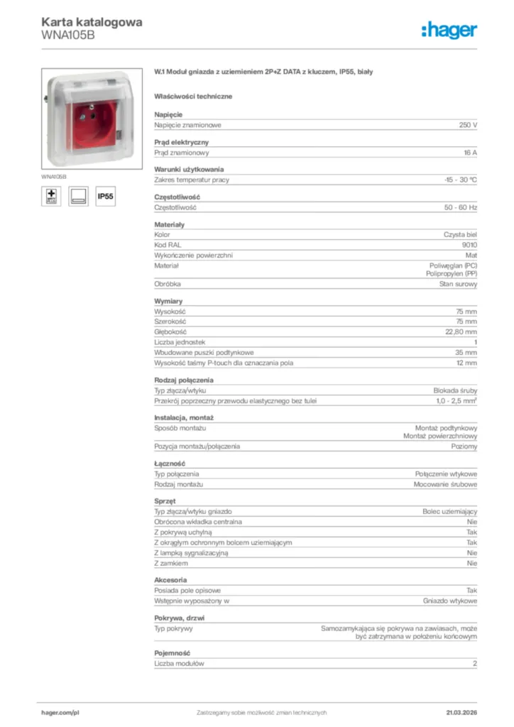 Zdjęcie Hager Karta katalogowa WNA105B | Hager Polska