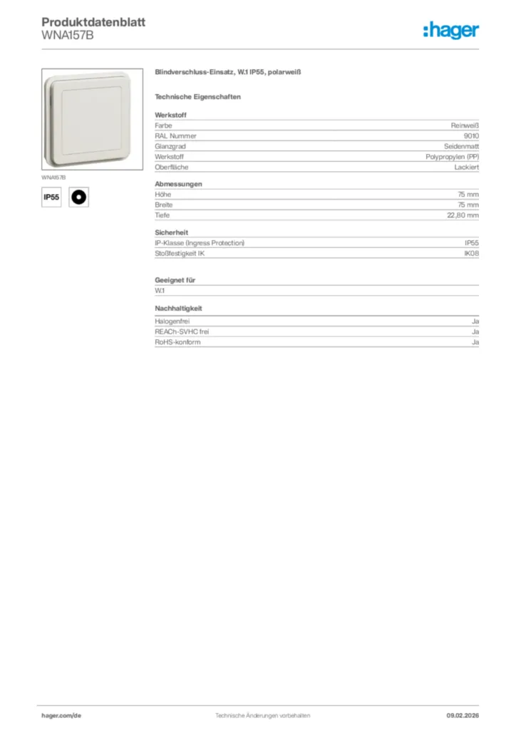 Bild Hager Produktdatenblatt WNA157B | Hager Deutschland