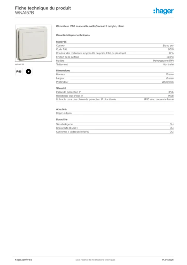 Image Hager Fiche technique du produit WNA157B | Hager Belgique