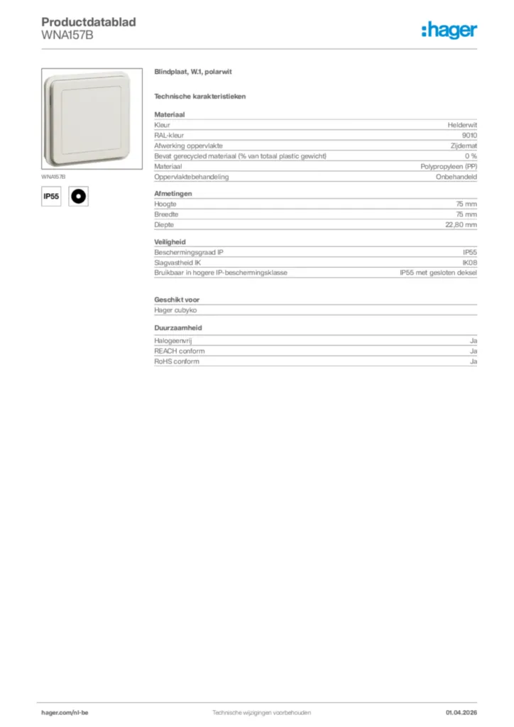 Afbeelding Hager Productdatablad WNA157B | Hager Belgium