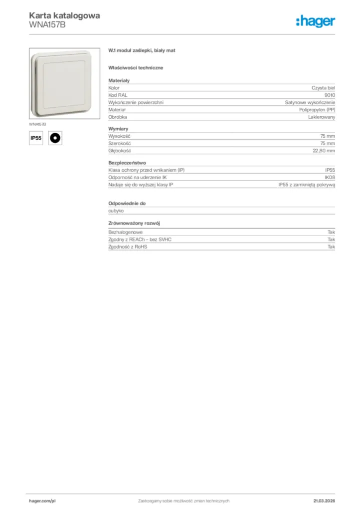 Zdjęcie Hager Karta katalogowa WNA157B | Hager Polska