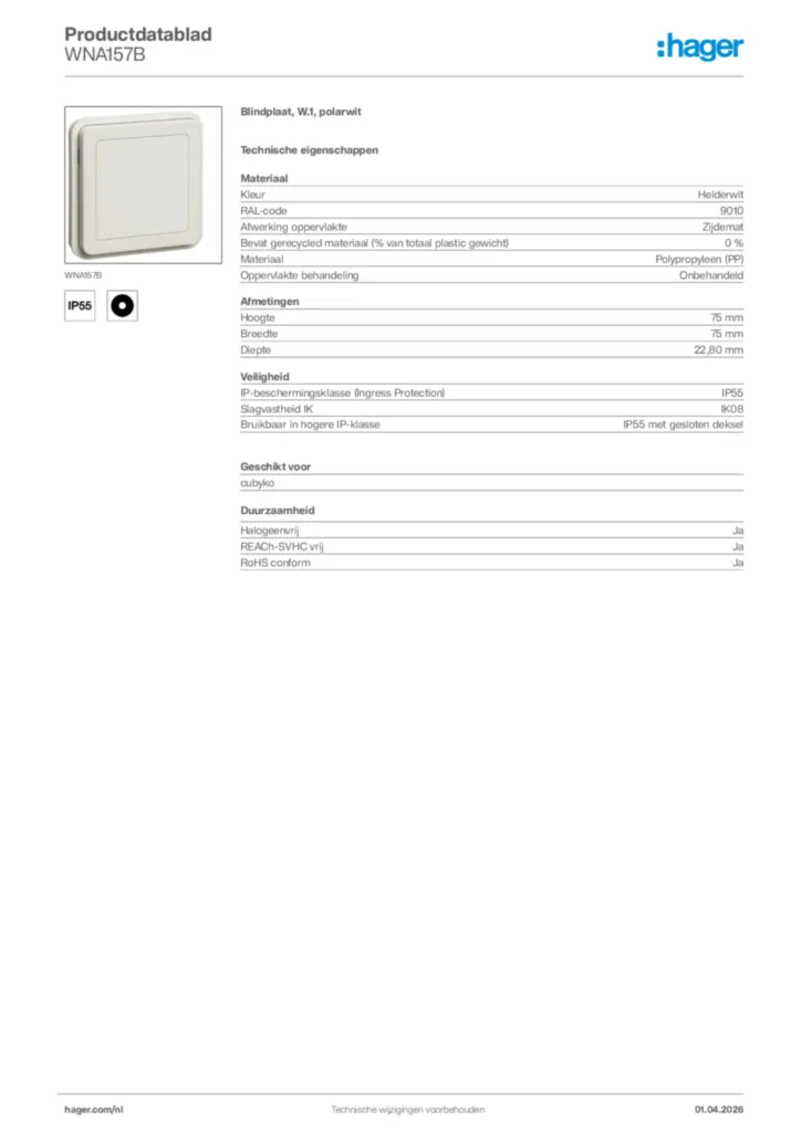 Afbeelding Hager Productdatablad WNA157B | Hager Nederland