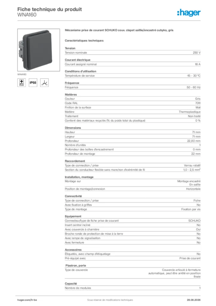 Image Hager Fiche technique du produit WNA160 | Hager Belgique