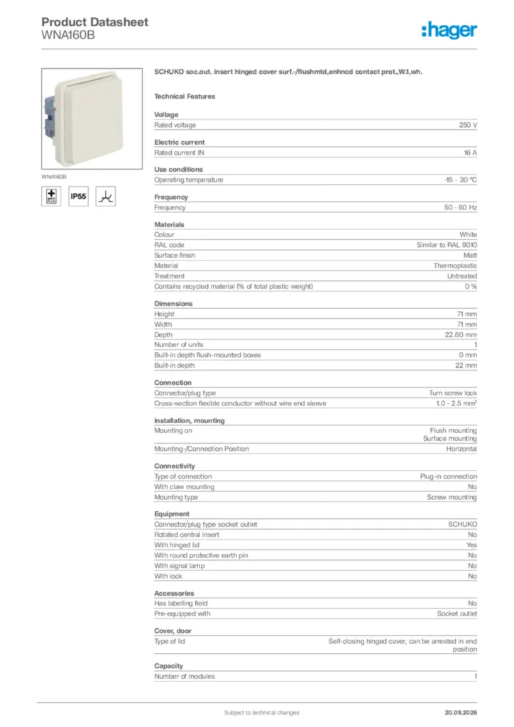 Image Hager Product data sheet WNA160B  | Hager Africa