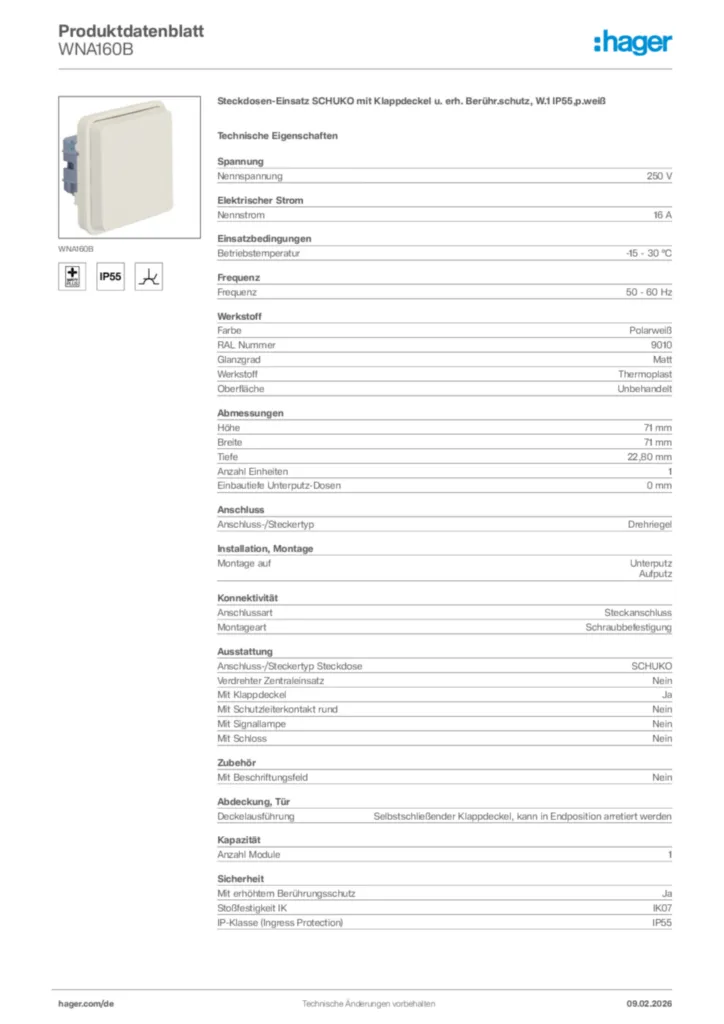 Bild Hager Produktdatenblatt WNA160B | Hager Deutschland