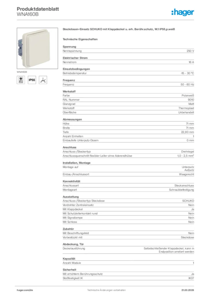 Bild Hager Produktdatenblatt WNA160B | Hager Deutschland