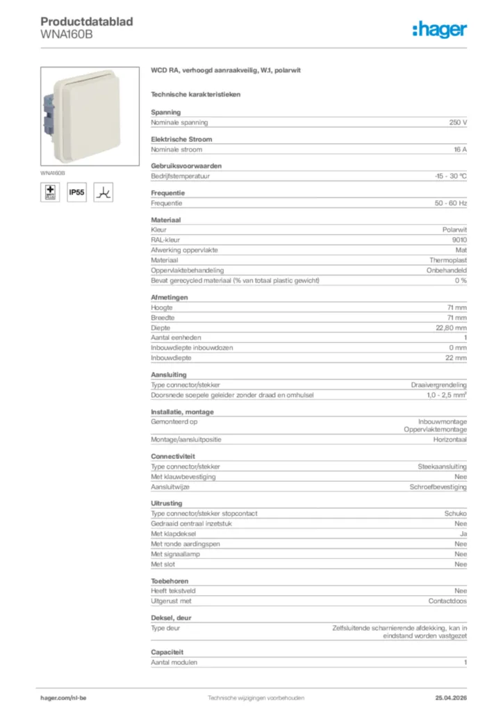 Afbeelding Hager Productdatablad WNA160B | Hager Belgium