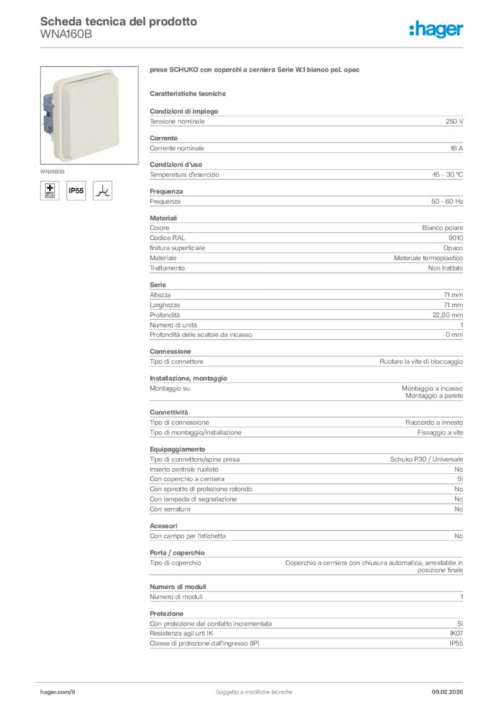 Immagine Hager Scheda tecnica del prodotto WNA160B | Hager Italia