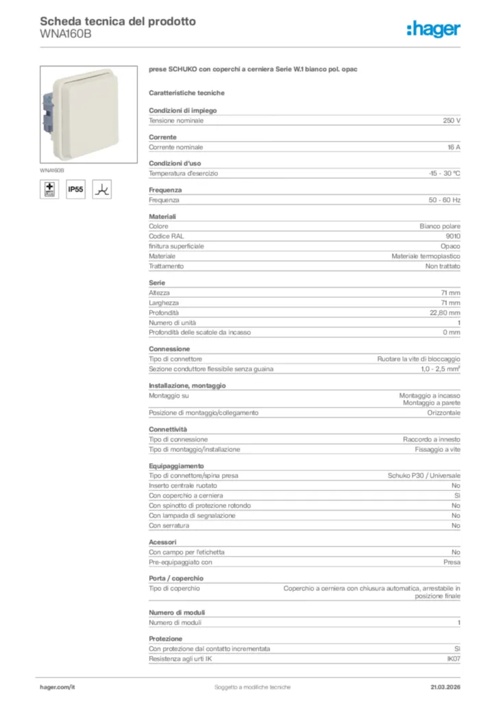Immagine Hager Scheda tecnica del prodotto WNA160B | Hager Italia