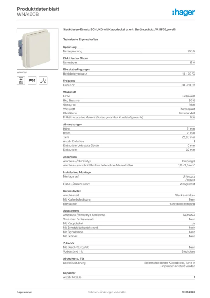 Bild Hager Produktdatenblatt WNA160B | Hager Deutschland