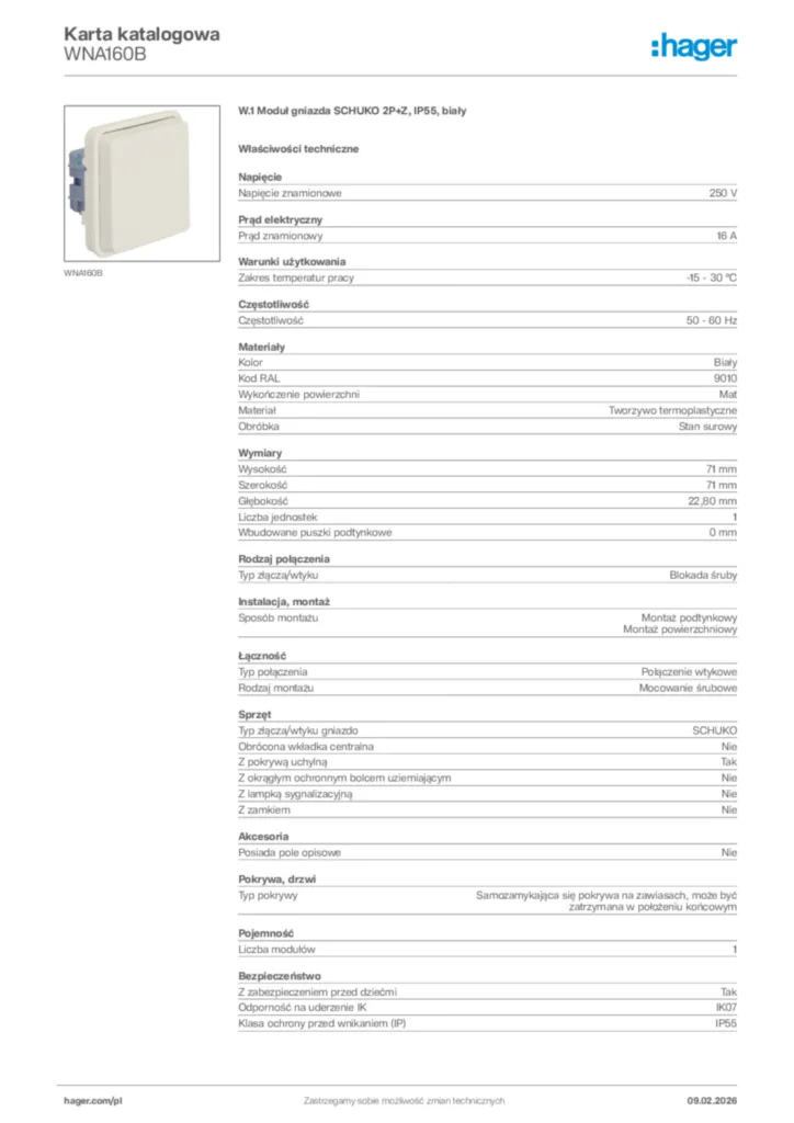 Zdjęcie Hager Karta katalogowa WNA160B | Hager Polska
