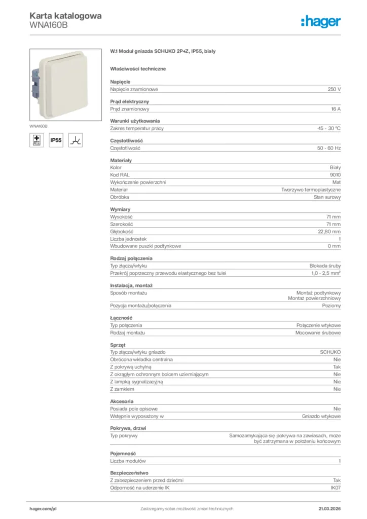Zdjęcie Hager Karta katalogowa WNA160B | Hager Polska