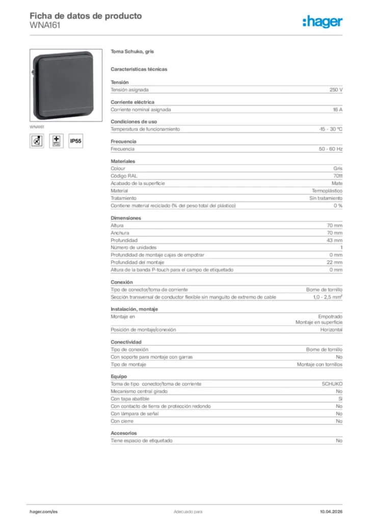 Imagen Hager Ficha de datos de producto WNA161 | Hager España