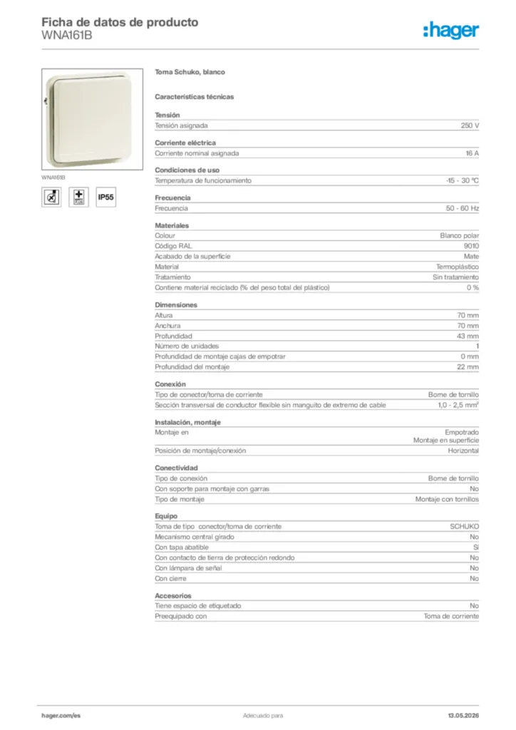 Imagen Hager Ficha de datos de producto WNA161B | Hager España