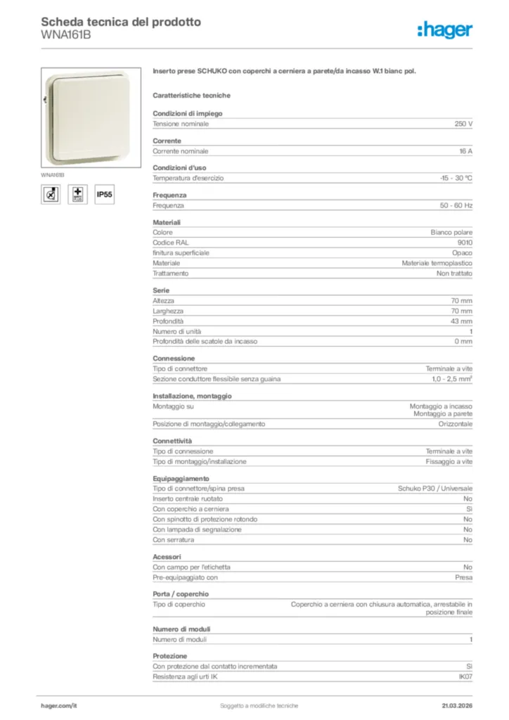 Immagine Hager Scheda tecnica del prodotto WNA161B | Hager Italia