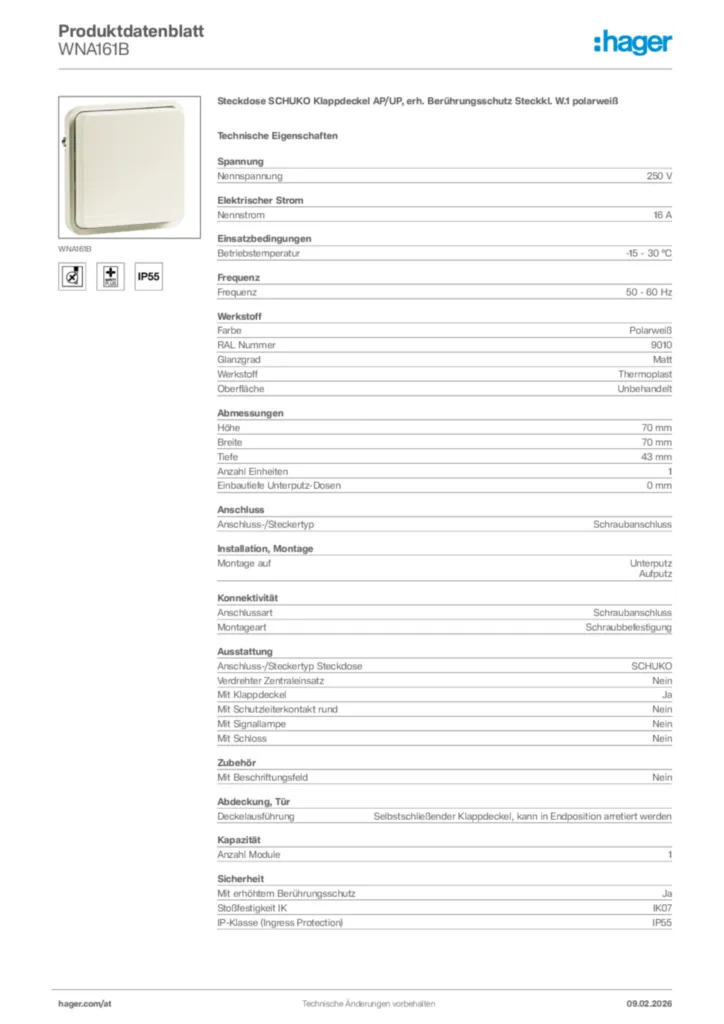 Bild Hager Produktdatenblatt WNA161B | Hager Deutschland